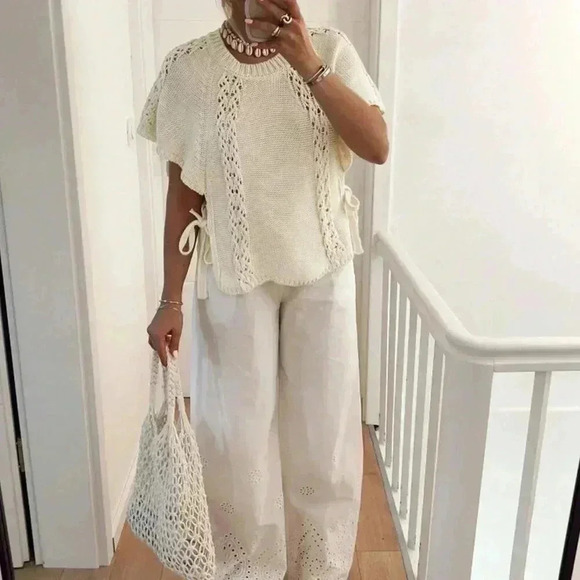 Apricot Casual Women's Fashion Side Tie Round Neck Cap Sleeve Sweater - Picture 3 of 6